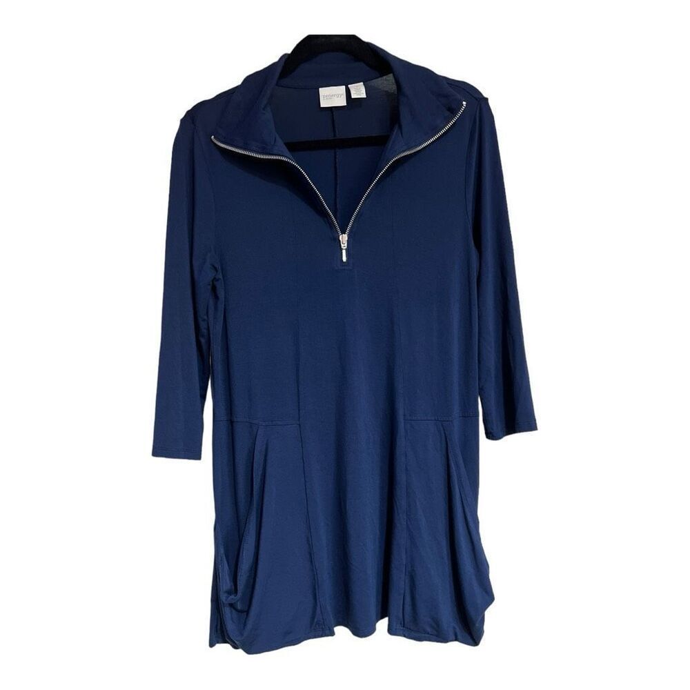 Zenergy by Chico's Women's SZ 1 Medium Blue Half Zipper Long Sleeve Tunic Top